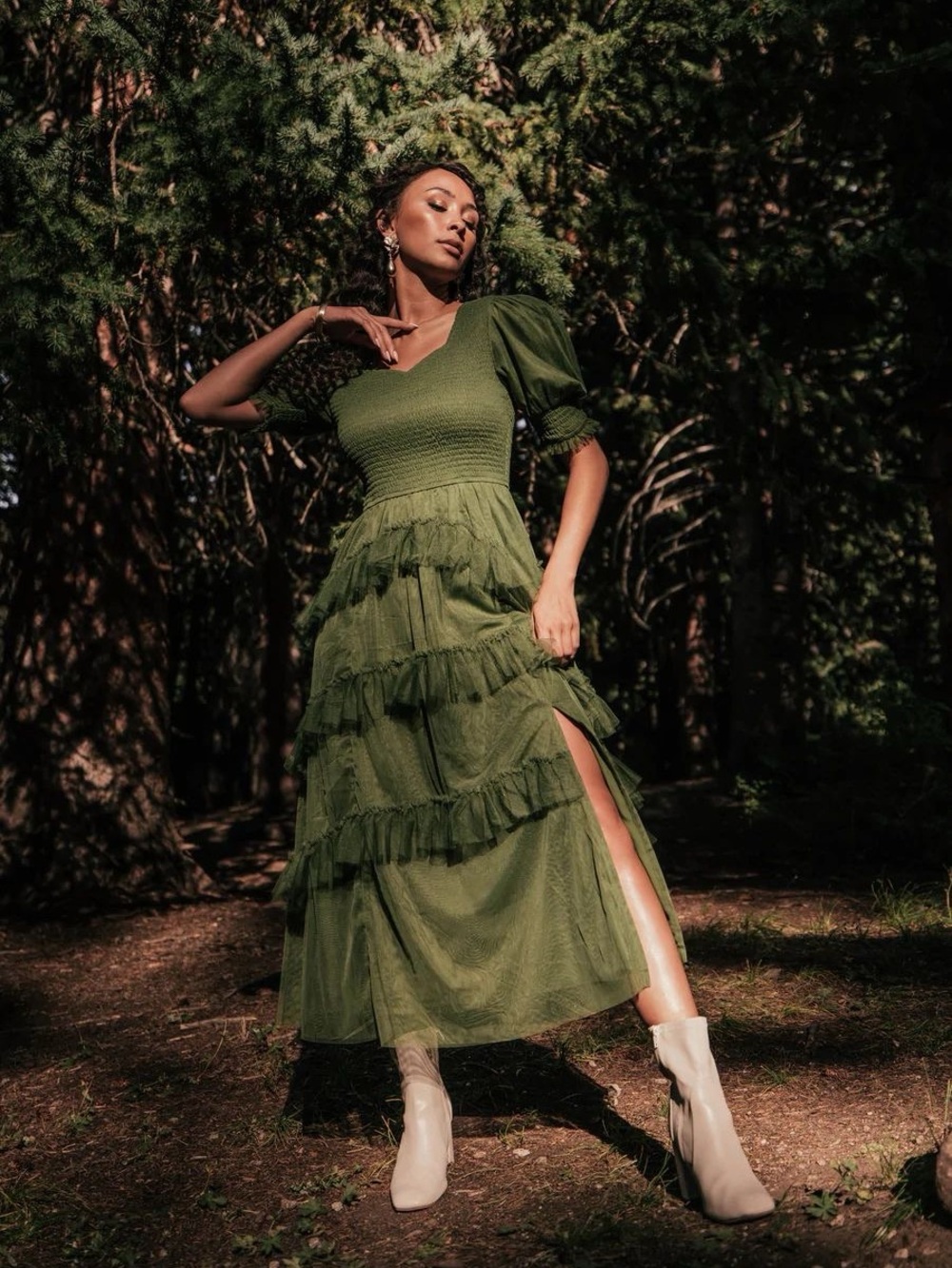Jessakae Olive Green Mesh Puff Sleeve Tiered Midi Dress Slit Smocked Women’s 2X